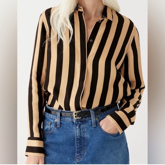 J. Crew | Classic Fit Cupro Blend Shirt In Stripe Black and Tan Size 0 NWT - Picture 1 of 4